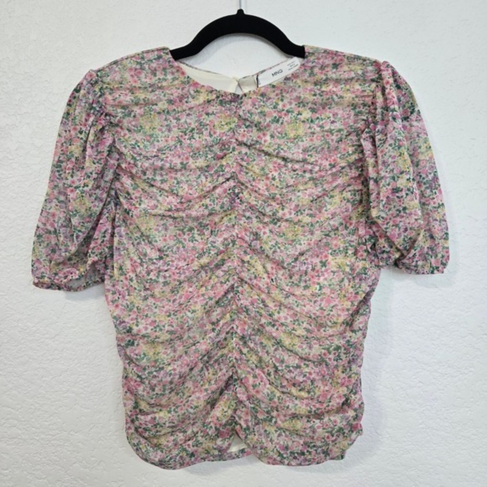 MNG Mango Floral Ruched Blouse Top Short Sleeve Romantic Preppy Size‎ L
